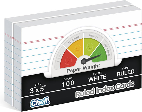 chell Extra Heavyweight Ruled Index Cards 3x5 Inch, No Bleed-Through, 100 Count, Ruled