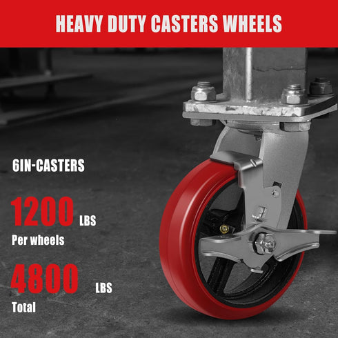 6"X2" Heavy Duty Industrial Casters: Crowned Polyurethane Tread, 1200 lbs Load Capacity, Swivel with Brake