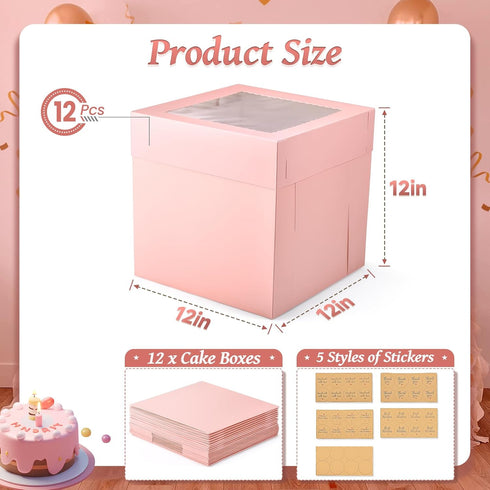 12Pcs Cake Boxes, 12x12x12 Inches Tall Disposable Cake Carrier Container with Window for Multi-Layer Cakes