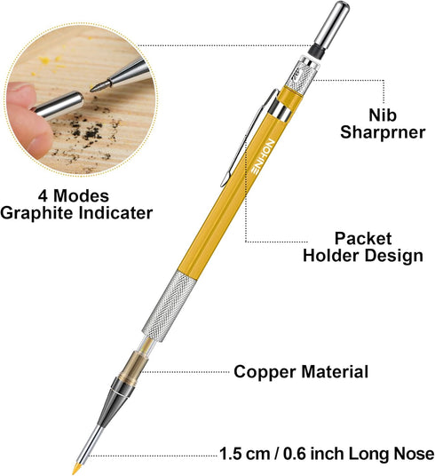 Enhon 2mm Mechanical Carpenter Pencil Set with 12 Marker Refills, Sharpener, Extended Needle-Nose Tip (Black, Yellow)