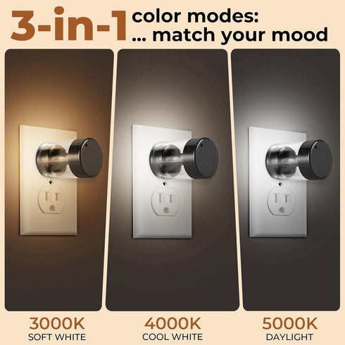 GEPLAD 2 Pack Dimmable 3-Color (3000K-5000K) Dimming100%-10%, IP65 LED Night Light,Touch Control & Temperature Plug
