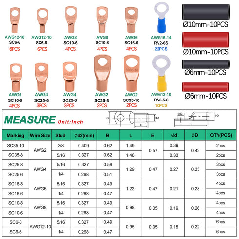 Twidec/110PCS Battery Cable Ends AWG 2 4 6 8 10 12 14 16 Gauge Copper Cable Wire Lugs,Ring Terminals Connectors,Copper Ring Terminals with Heat Shrink N-067-110PCS