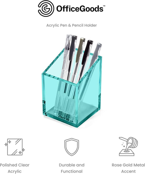 OfficeGoods Acrylic Pen & Pencil Holder, Modern Trapezoid Design Desk Organizer for Home or Office, Green