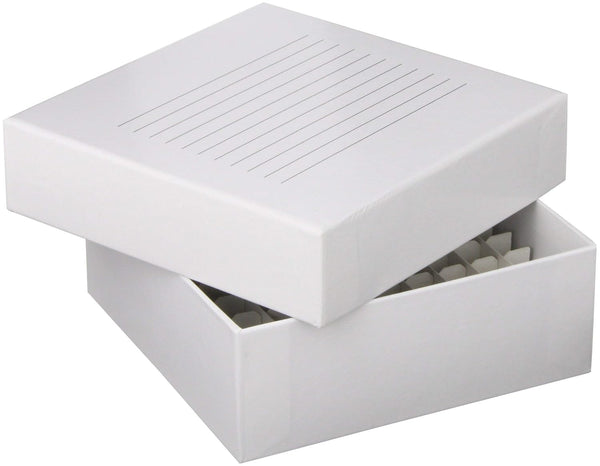 Globe Scientific 3092-1 Cardboard Storage Box for up to 2" Tall, 12mm Wide Tubes, 100 Place, 10x10 Format, 134mm Length, 134mm Width, 47mm Height
