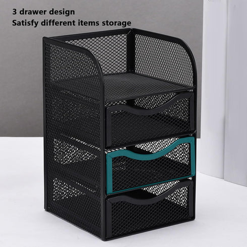 HEEPDD 3 Tier Mesh Office Desktop Organizer with 3 Drawer, Mini Desk Supplies Organizer, Metal Stationary Black Desk