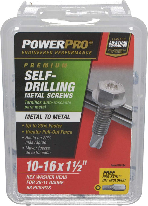 Power Pro Premium Self-Drilling Metal Screws, Zinc Plated Steel, #10 x 1-½ inches, Box of 68
