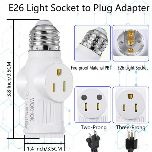 Light Socket to Plug Adapter, 2/3 Prong Converter for Garage Porch, 2 Pack (White)