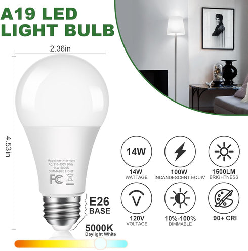 14W Dimmable LED Light Bulbs, 1500LM, 100W Equivalent, A19, E26 Base, 5000K Daylight, 10 Pack
