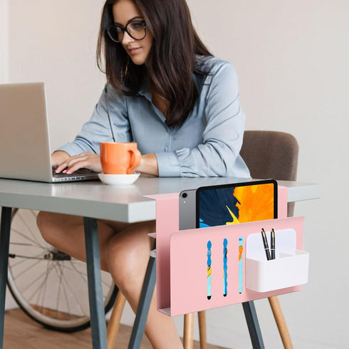 LUKETURE Desk Side Storage, Under Desk Storage, Steel Desk Hanging Organizer with Pen Holder, Laptop Holder, No Drill