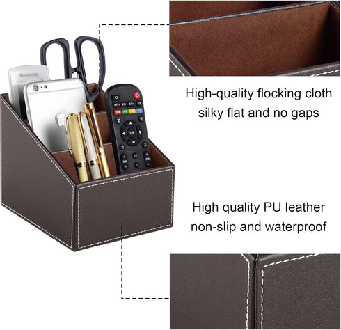 TV Remote Control Organizer/Caddy with 3 Compartments, PU Leather Remote Holder for Bedside Table, Desk Organizers