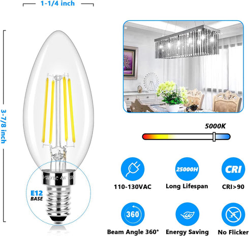 LED Candle Bulbs 40W Equivalent, E12 Candelabra Light Bulbs 4W 470Lm Clear Edison LED Bulbs, Daylight White 5000K Classic Bright Filament Bulbs, Non-Dimmable Decorative Bulbs for Lamps, Pack of 5 by Brightever