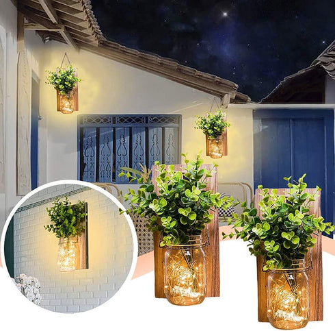 ECTY (2 Pack) Rustic Wall Sconces, Mason Jar Sconces, Farmhouse Home Decor, LED Fairy Lights, Green Fake Plant