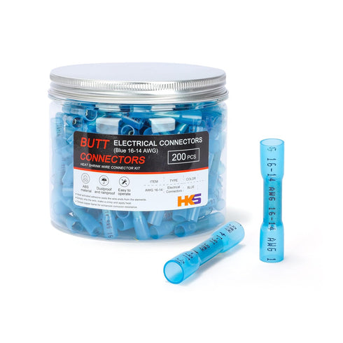 HKS 200 PCS Blue Heat Shrink Butt Connector, 16-14 AWG, Waterproof and Insulated Electrical Connectors