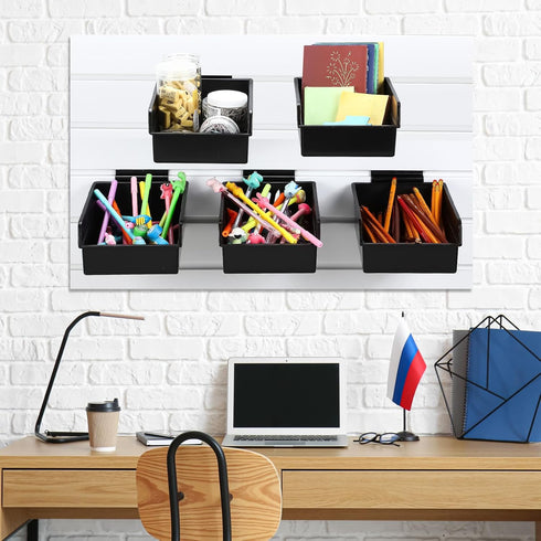 6 Pack Slatwall Bins with Hooks Set, Wall Mounted Storage Bins for Organizing Accessories, Tools, Office, Black
