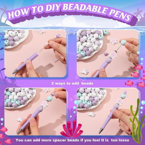Colarr 24 Sets Plastic Beadable Pens DIY Kit, Assorted Bead Pens, Wood Beads, Crystal Spacer Beads, Black Ink for Crafts