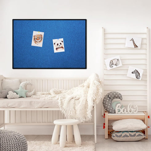JILoffice Cork Linen Bulletin Board 36 X 24 Inch (Blue), Black Aluminum Frame Wall Mounted Memo Pin Board for Office