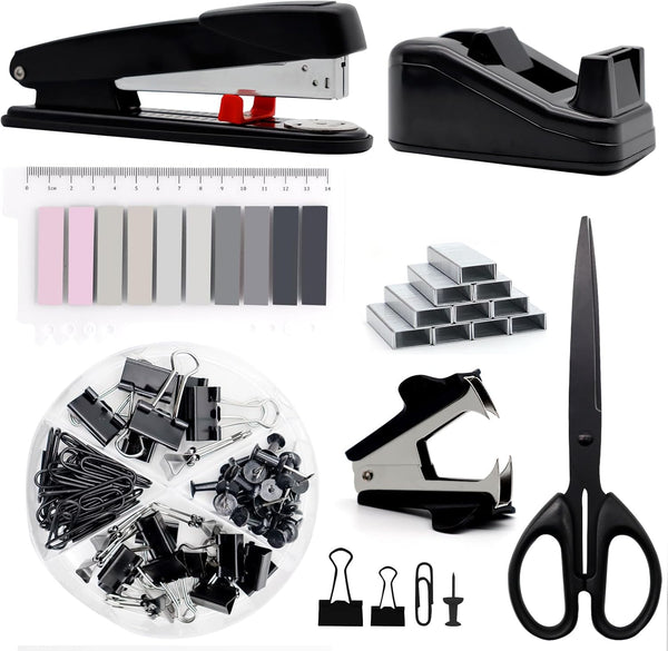 UPIHO Black Desk Accessories, Stapler and Tape Dispenser Set with Large Stapler, Remover, Clips, Scissors