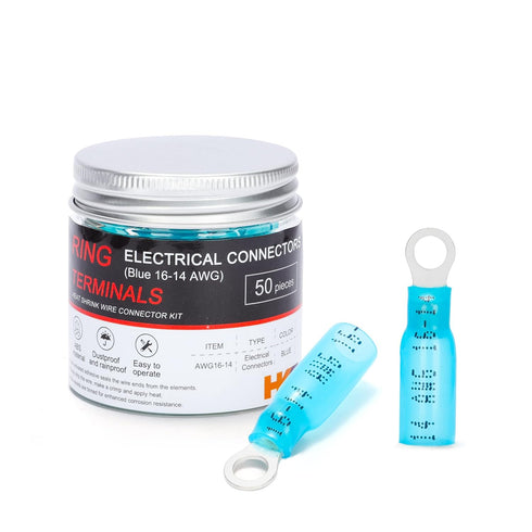 HKS 50 PCS Ring Terminals #8 Blue 16-14 AWG, Electrical Connectors, Heat Shrink Wire Connector Kit, Automotive Marine