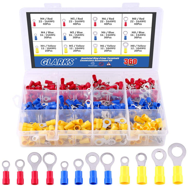 Glarks 360pcs Mixed Quick Disconnect Electrical Insulated Connectors, M4 / 5/6 / 8 Ring Crimp Terminals