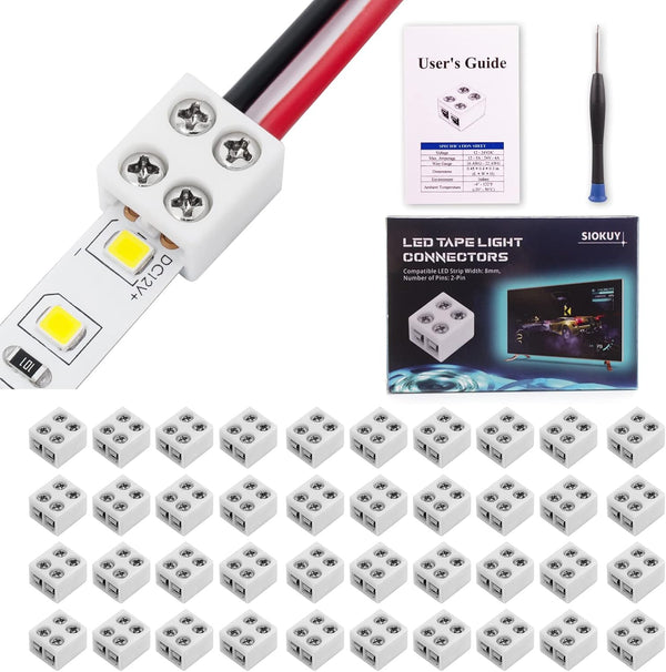 40 PCS 2-Pin 8mm Solderless LED Strip Connectors, Reliable Screw Down Connectors for Easy Installation