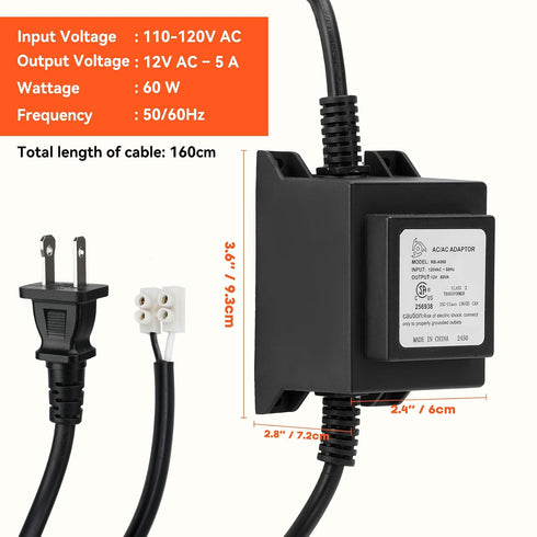 110/120V 12V/5A, 60-Watt onlyfire Outdoor Landscape Transformer to AC Waterproof Power Supply Converter for LED