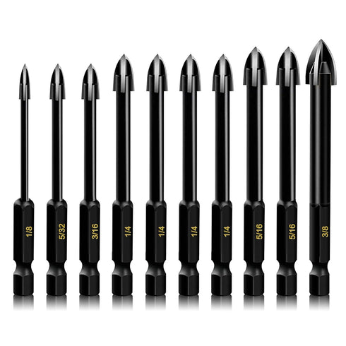 10-Piece Glass Concrete Drill Bit Set, Masonry Bits for Brick, Plastic, Wood, Hex Shank Tungsten Carbide