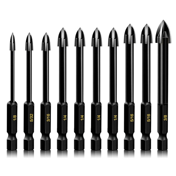 10-Piece Glass Concrete Drill Bit Set, Masonry Bits for Brick, Plastic, Wood, Hex Shank Tungsten Carbide