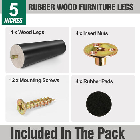 FoDau770 5 Inches, Set 4, 5/16" Black Rubber Wood Furniture Legs Straight Tapered Wood Feet Mid Century Sofa Legs