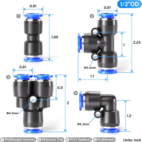 TAILONZ Pneumatic 1/2 Inch OD Push to Connect Fittings Kit, 5 Splitters + 5 Elbows + 5 Tee + 5 Straight (20 Pcs)