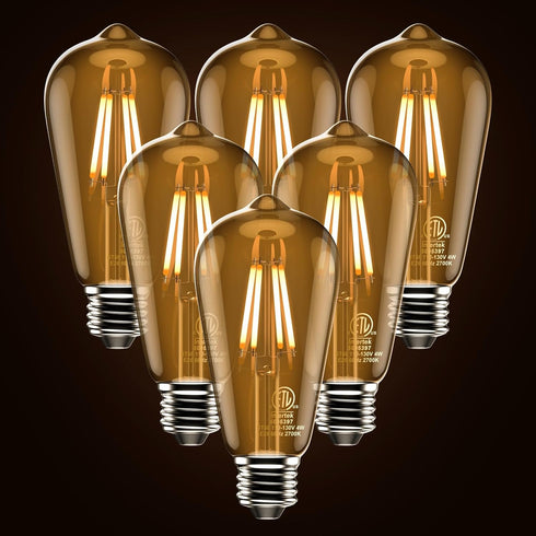 4W LED Dimmable Edison Light Bulbs, ST58 Amber Glass, 2700K Warm White, E26 Base Pack of 6