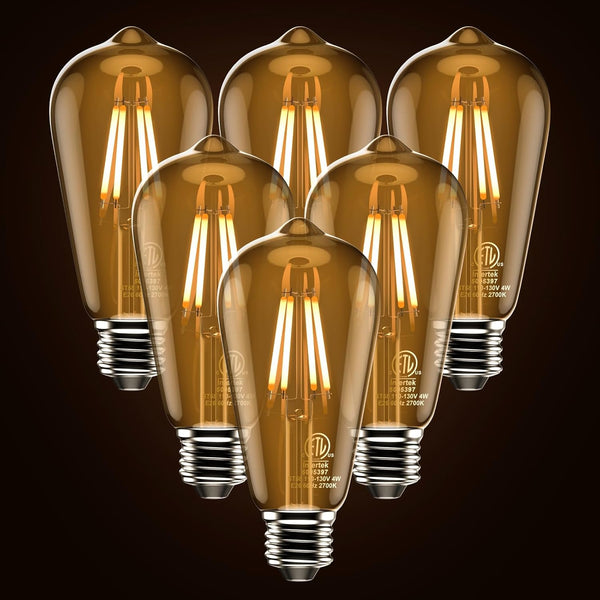 4W LED Dimmable Edison Light Bulbs, ST58 Amber Glass, 2700K Warm White, E26 Base Pack of 6