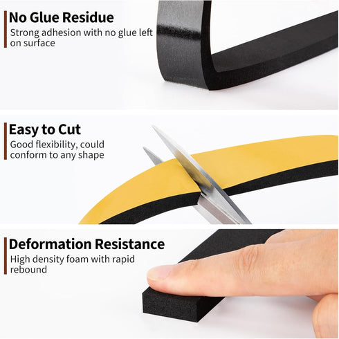 Yotache 2 Rolls Black Foam Strips with Adhesive, 1" W X 3/8" T, Weather Stripping Door Seal Tape