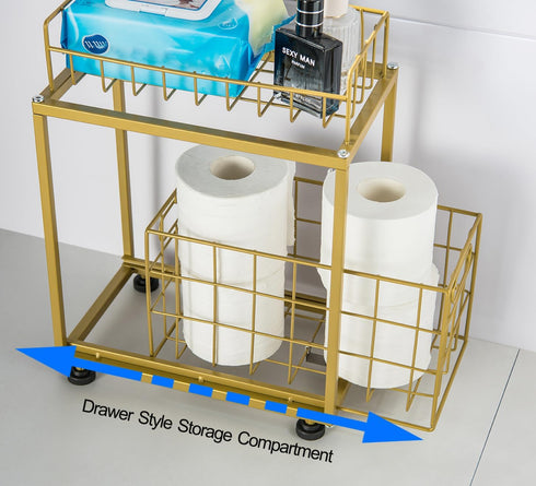 Freestanding Toilet Paper Holder, Drawer Style Storage Compartment, with Storage Shelf Reserve for Phone Tablet