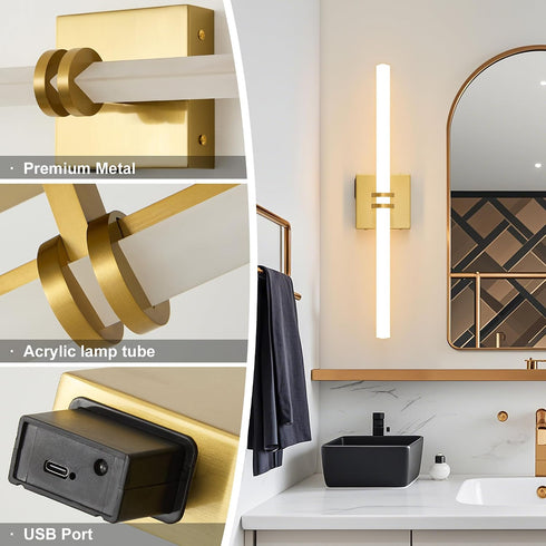 1Pack, Dimmable 22 Inch 3000K-6000K Battery Operated Wall Sconce Gold Rechargeable Wall Lights with Remote Control, LED
