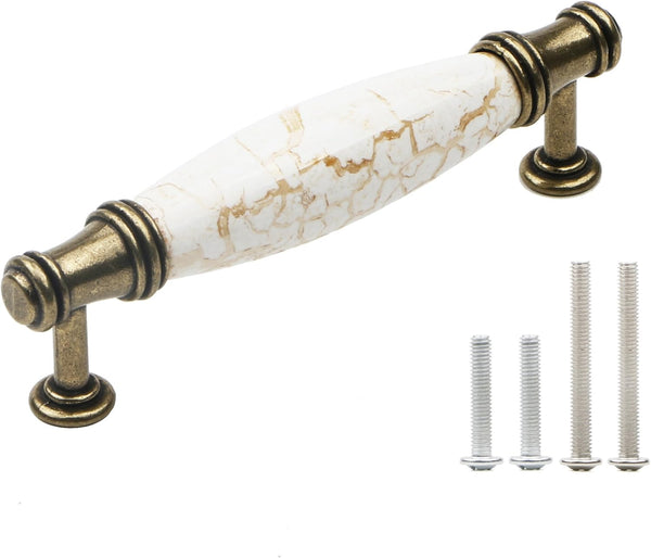 Set of 4 Marble Ceramic Handle Antique Cabinet Door Pulls - Modern Euro Style 3.78 inch(96mm)
