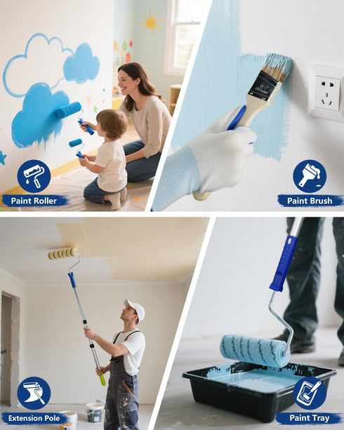 32PCS 2 4 4 inch 9 inch Paint Roller Kit with Extension Pole - to FT Pole, Paint Rollers, Paint Brushes for Walls