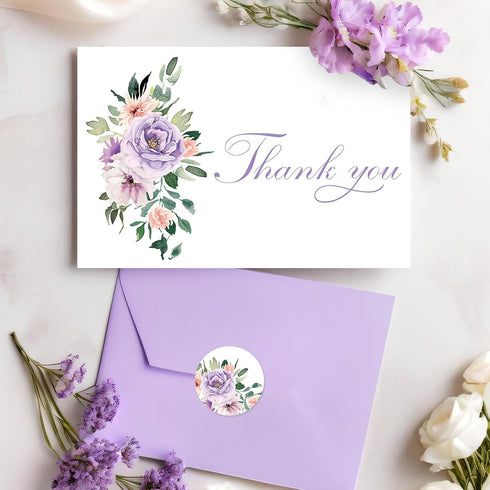 50 Pack JarThenaAMCS Purple Floral Thank You Cards Pink Purple Flower Greeting Cards With Envelopes Stickers Watercolor
