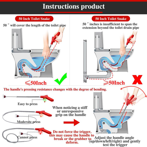 50 Inch Toilet Snake Drain Auger Cleaner Tool, Upgraded Grabber Unclogger Tool, Toilet Auger Clog Remover Tool