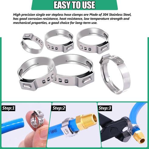 Twidec 48PCS PEX Cinch Clamps Kit, 5 Sizes, Stainless Steel Crimp Rings, Single Ear Hose Clamps for Pipe Fitting
