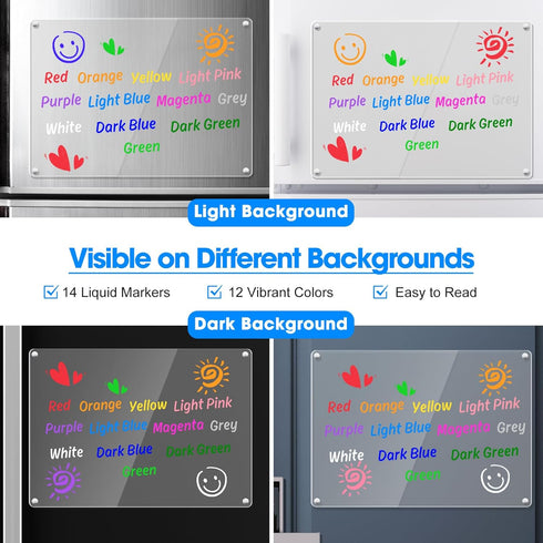 Liquid Chalk Markers for Acrylic Calendar Planning Board, Clear Glass Dry Erase Board, 14 Pack, 12 Vibrant Colors, 1mm