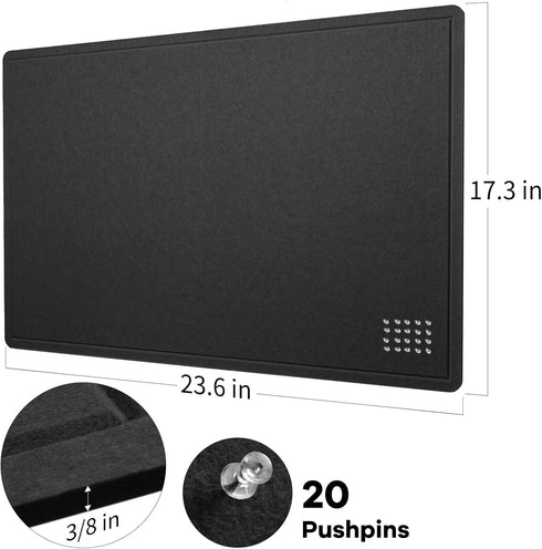 Large Bulletin Board, 24 x 18 inches Felt Decorative Pin Board, Self-Adhesive Vision Board with 20 Pushpins - Black