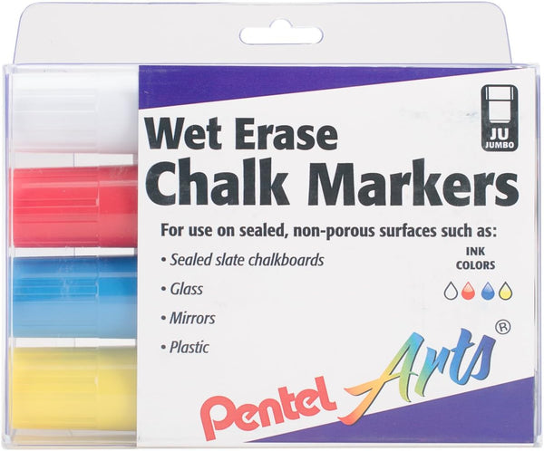 Pentel Arts Wet Erase Chalk Marker Set, Jumbo Tip, Assorted 4-Pk Plastic
