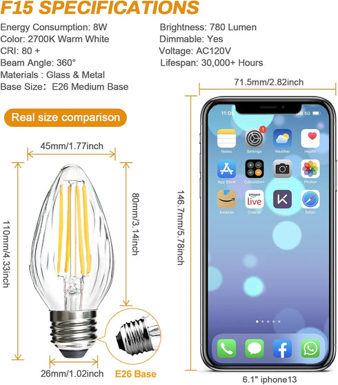 BRIMAX F15 8W Led Porch Light Bulb Outdoor, E26 Medium Base LED Post Bulb for 75W - 80W Incandescent Equivalent,Dimmable 2700K Warm White Flame Wrinkle Glass, for Ceiling Fan and Lantern Lamp, 4 Pack by BRIMAX