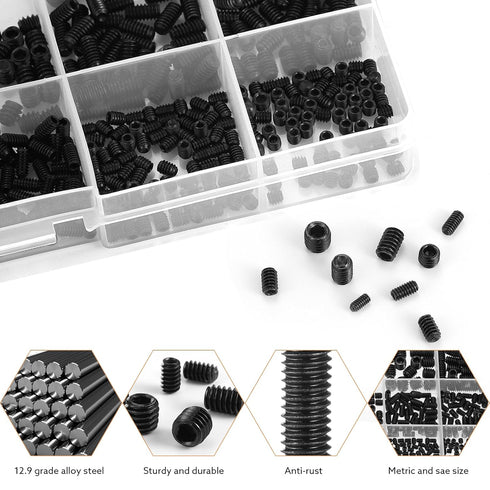 1400 Pcs Set Screw Assortment Kit, 26 Size Metric & SAE, 12.9 Alloy Steel Head Socket Hex Screws, Black Zinc Plated