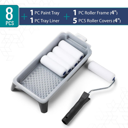 4 Inch Set, 8 1x 1x 1x 5X Bates- Foam Paint Roller pcs, Small Paint Roller Kit, Black Plastic Paint Tray, Tray Liner