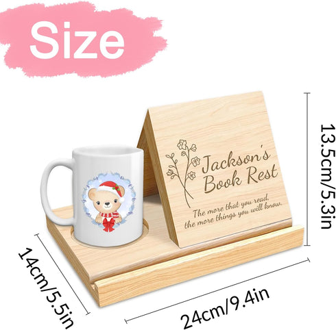 Lovdeying Personalized Wooden Triangle Book Holder Stand Custom Solid Oak Wood Book Rest with Cup Holder Engraved Text