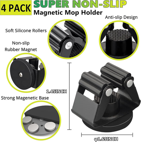 ULIBERMAGNET Magnetic Mop Broom Holder,Heavy Duty Movable Magnetic Broom Holder Rack,Anti-slip Wall Mounted Utility Storage Mop Shovel Hanger for Garage, Kitchen, Laundry, Garden(4 Pack/Black) by ULIBERMAGNET