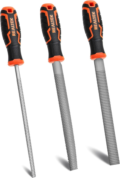 3-Piece Wood Rasp File Set 12" with 4" Rubber Grip, T12 High Carbon Files for Woodworking Manual Cutting