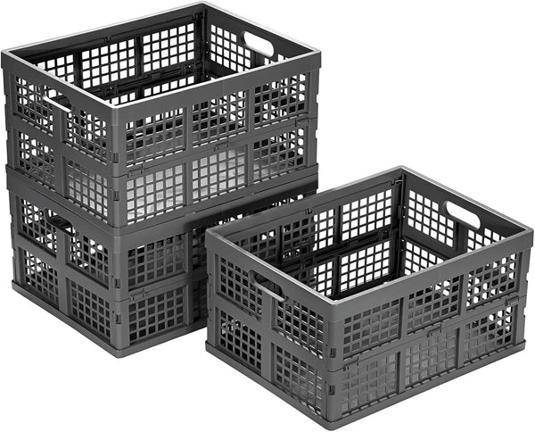 Eslite 34L Large Collapsible Plastic Folding Storage Crates, Pack of 3 (Grey)