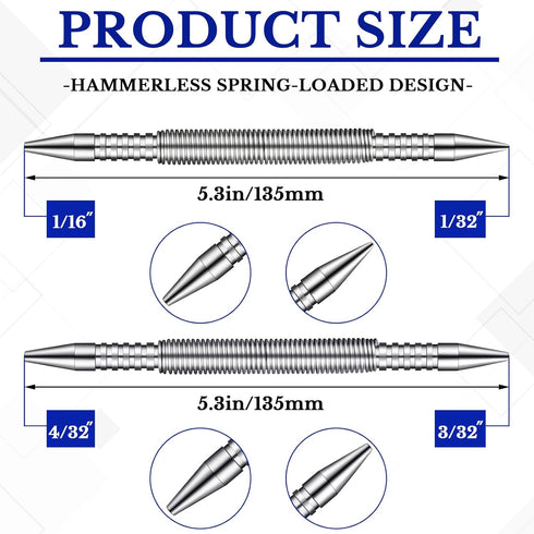 2 Pieces Spring Loaded Nail Set Spring Nail Punch Hammerless Trim Combination Tool Kit 1/32 Inch, 2/32 Inch, 3/32 Inch, 4/32 Inch Tools for Carpentry 3500 PSI of Impact Striking Force